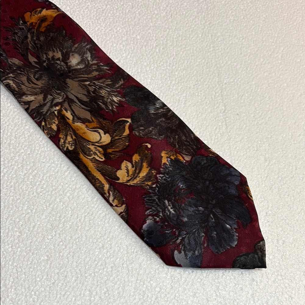 Etienne Aigner Red Burgundy and Gold floral Silk Tie 60” x 3.5” tall